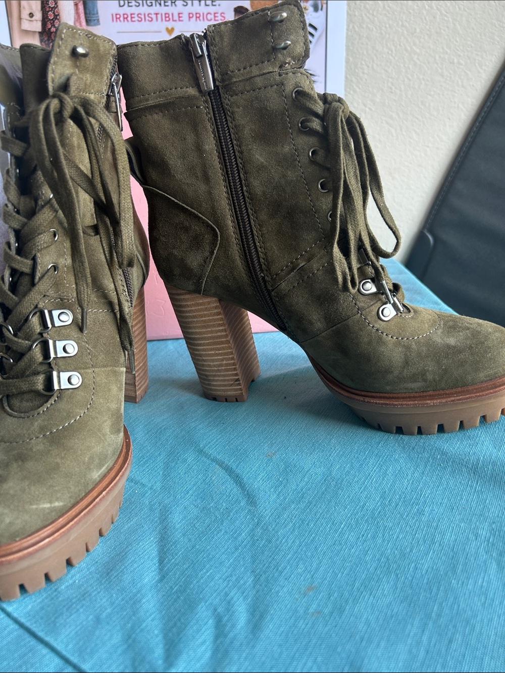 Vince Camuto Olive Green Suede Lace-Up Combat Boots - Picture 2 of 2